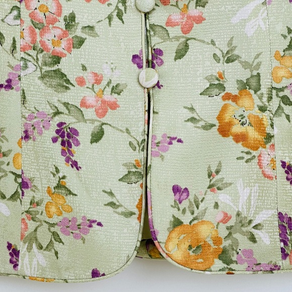 Adrianna Papell 100% Silk Jacket Short Sleeve Green Floral Buttons Front Lining - Picture 8 of 12